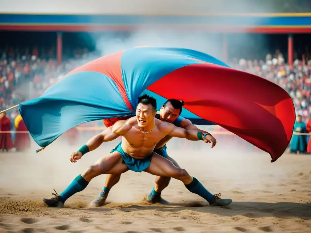Dos antiguos atletas compiten en una lucha tradicional mongola durante el festival Naadam