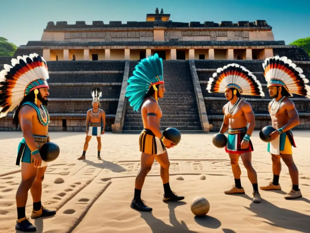 Antiguos atletas mayas juegan ullamaliztli en una cancha de piedra, fusionando historia, deportes y cultura en Mesoamérica