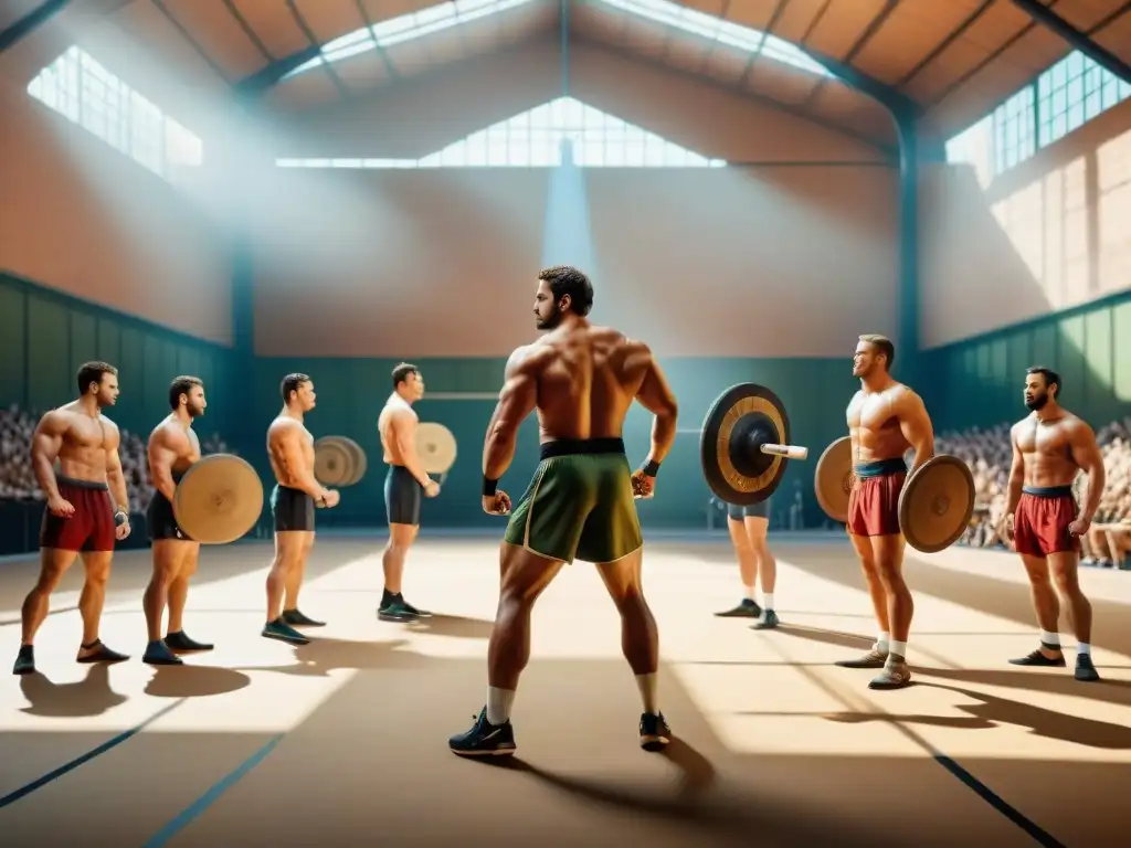 Entrenamiento de atletas griegos en gimnasio antiguo Antiguos atletas olímpicos entrenando en el gimnasio bajo el sol mediterráneo