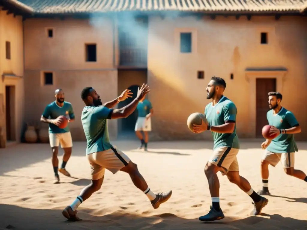 Antiguos deportistas juegan balonmano en un patio polvoriento, reflejando los orígenes del balonmano en culturas milenarias