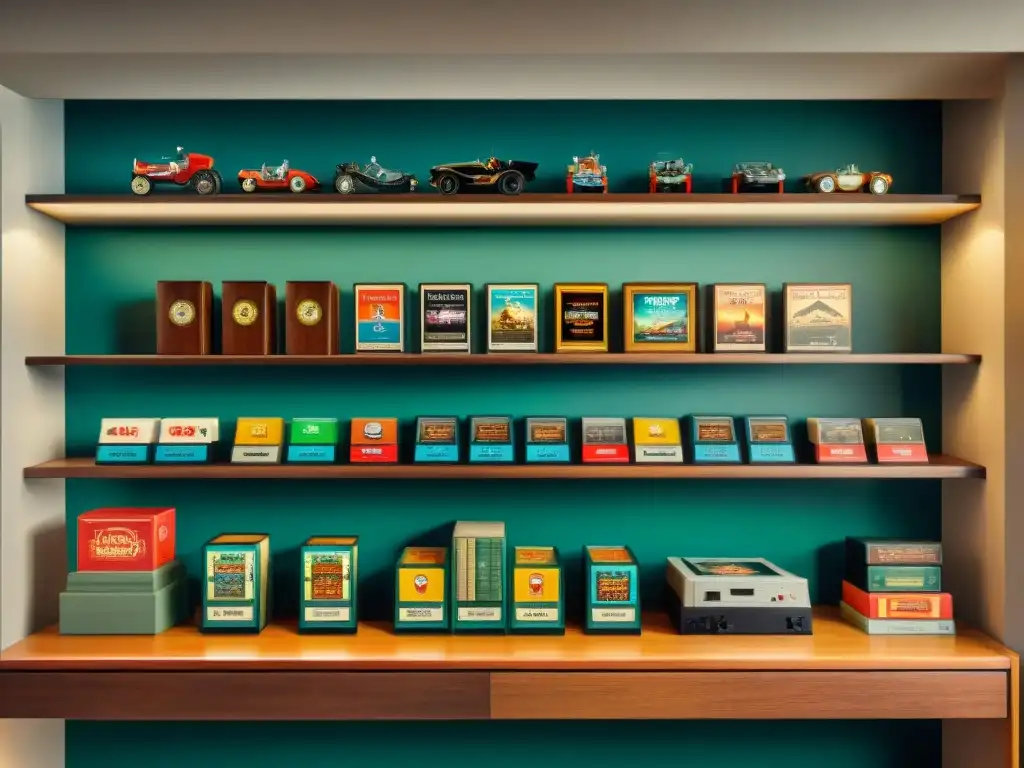 Exhibición elegante de juegos retro en estantería moderna Presentación de juegos antiguos con estilo y detalle, estrategias de venta