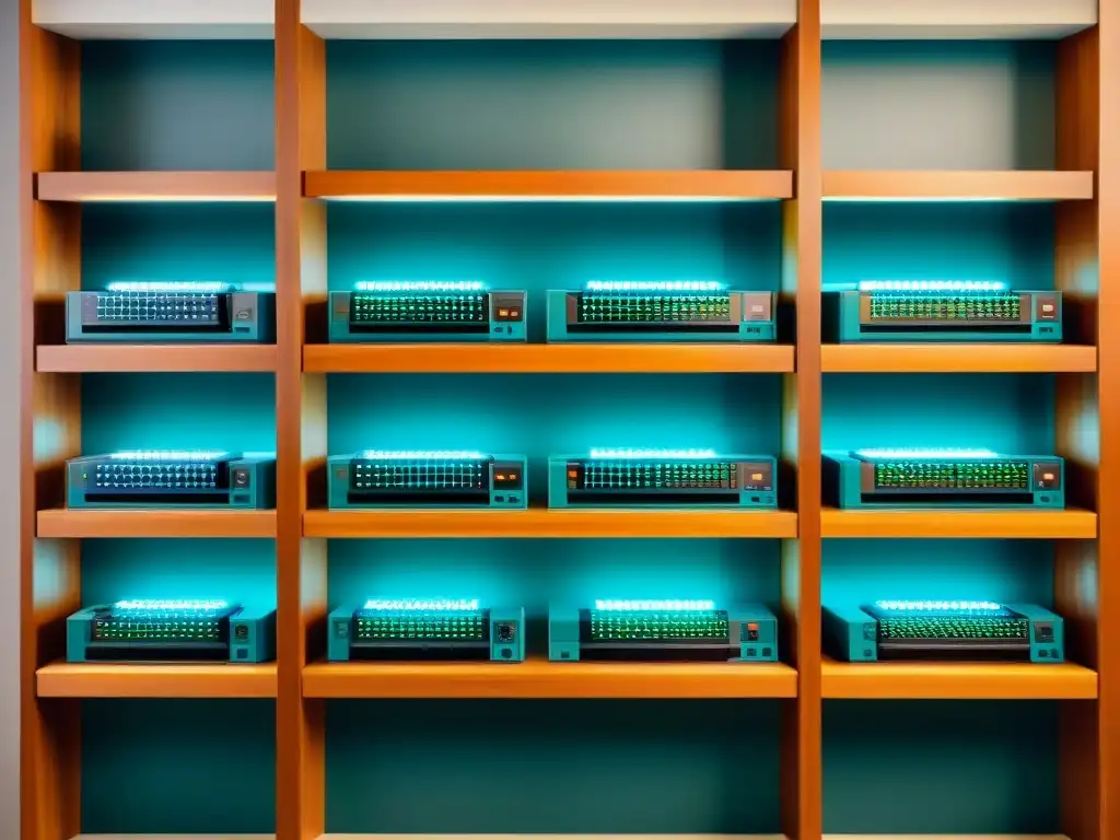 Exhibición impresionante de videojuegos vintage en estantería moderna Presentación de juegos antiguos estrategias venta en estantería moderna con colección vintage de consolas, cartuchos y controles