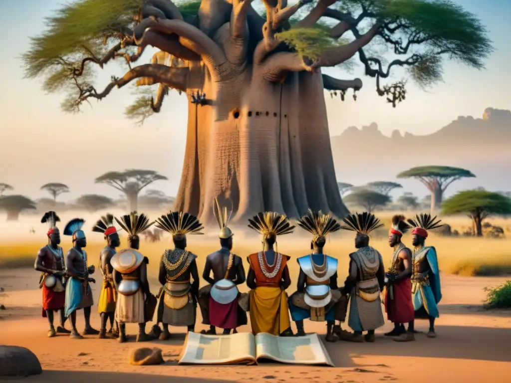 Antiguos guerreros africanos planeando estrategias bajo un baobab al atardecer, mostrando la cultura y juegos de guerra africanos