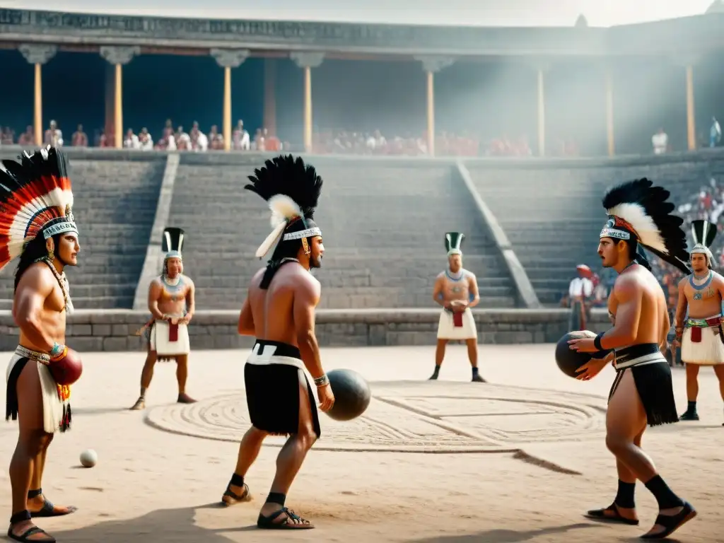 Antiguos guerreros mayas juegan un juego de pelota en una cancha de piedra, rodeados de espectadores y decoraciones intrincadas