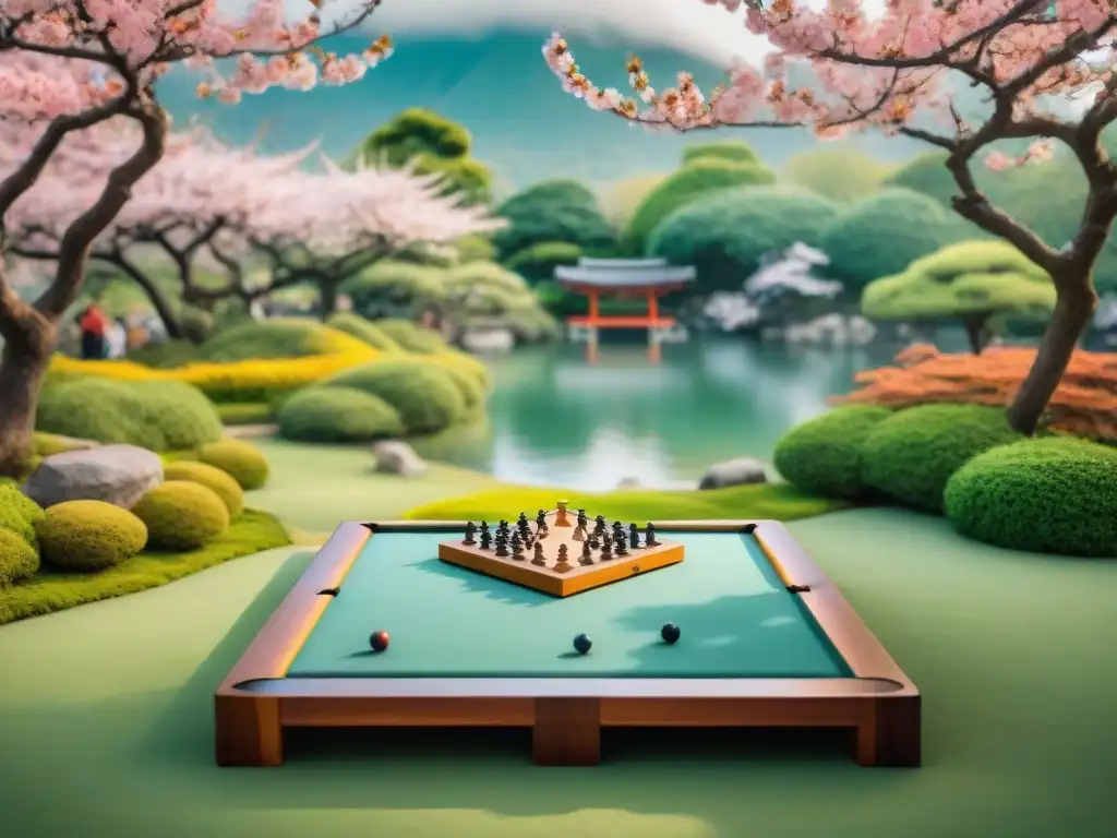 Antiguos jugadores de Go en un jardín japonés con espectadores asombrados