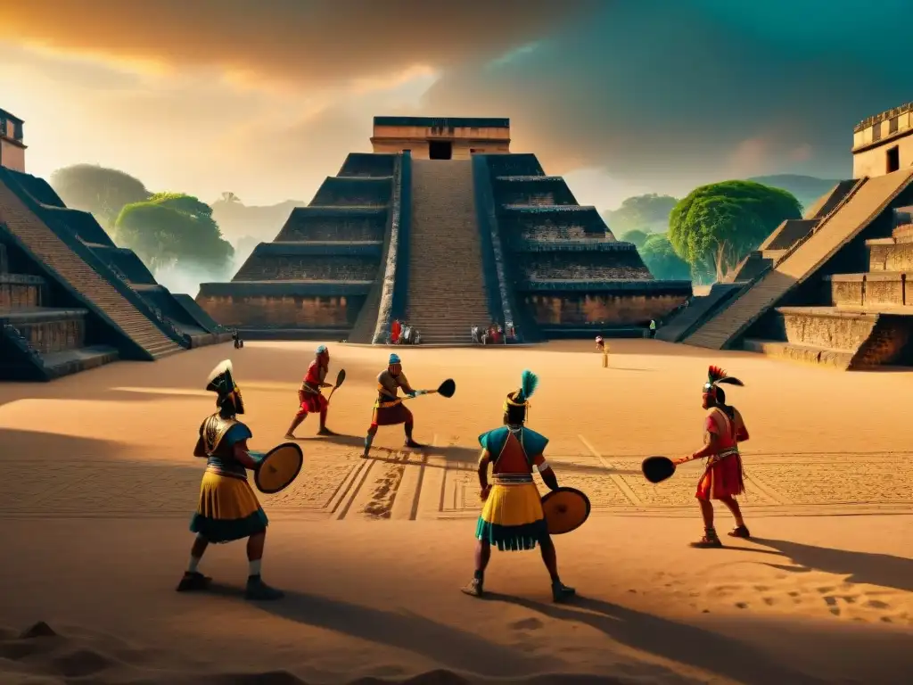 Dos antiguos mesoamericanos compiten en un intenso juego de pelota en una ciudad vibrante
