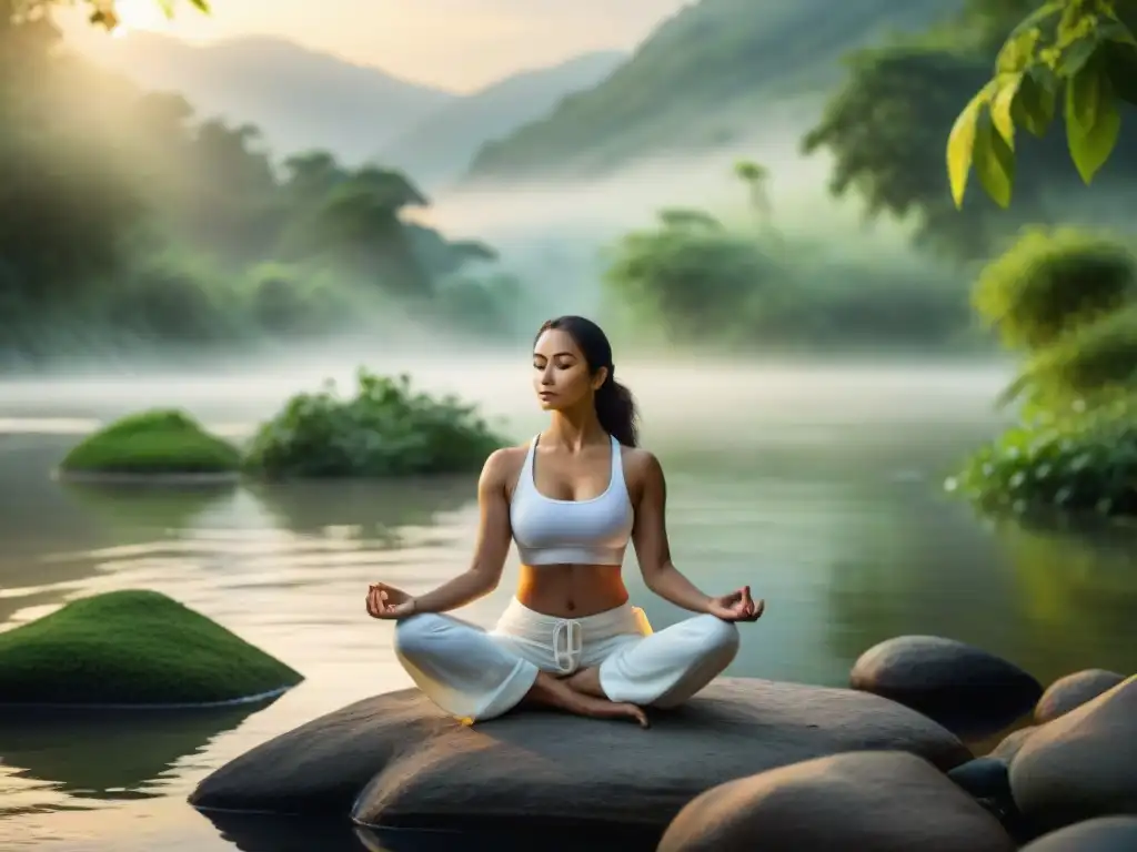 Yogis practicando antiguos rituales junto al río al amanecer, con luz dorada iluminando sus rostros dedicados