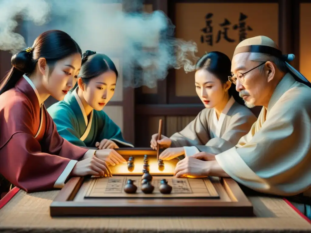 Antiguos sabios coreanos inmersos en el juego de Janggi, resaltando la estrategia y la historia de los juegos de culturas