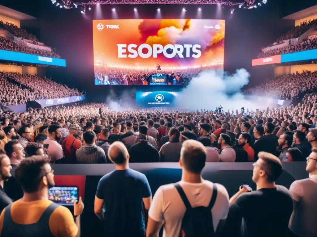 Apasionada multitud en arena de eSports, fans de equipos con banderas y carteles, mostrando su influencia y éxito