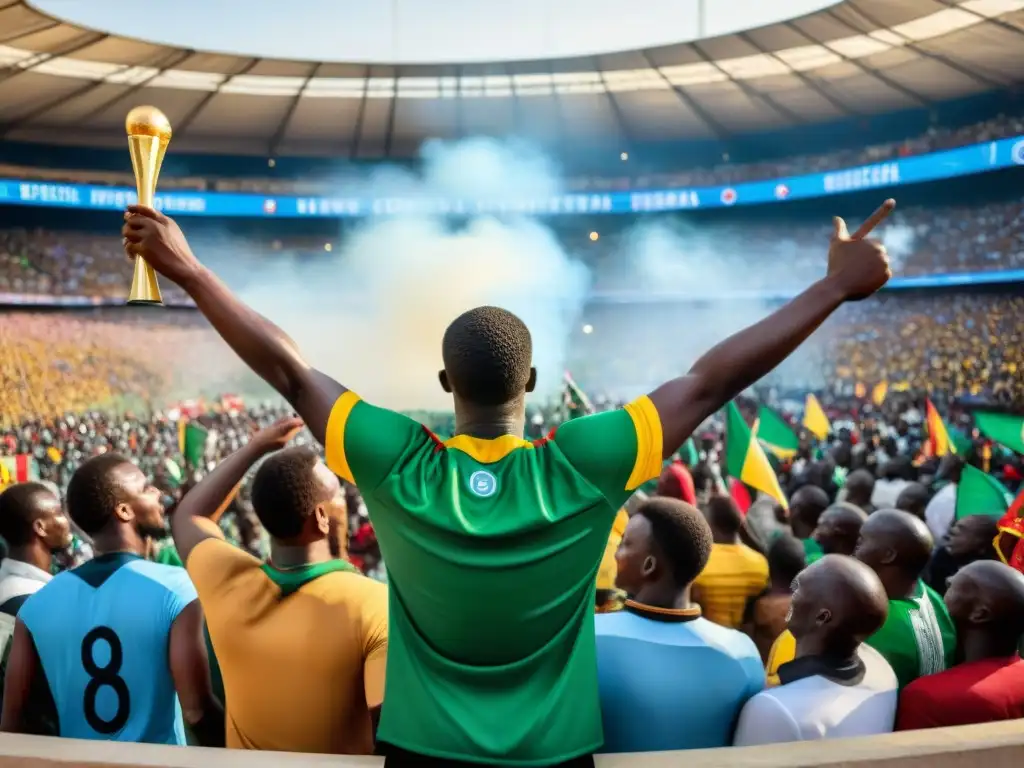 Apasionada multitud en estadio africano, ondeando banderas de naciones, uniendo política detrás deporte África