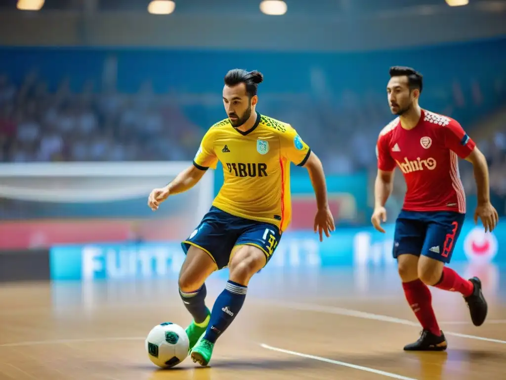 Apasionado partido de fútbol sala en una arena deportiva europea, con jugadores y aficionados vibrantes