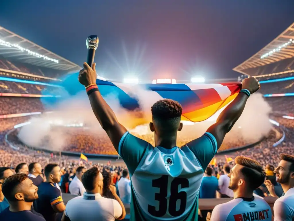 Apasionados aficionados ondean banderas coloridas en estadio lleno durante un momento clave del juego