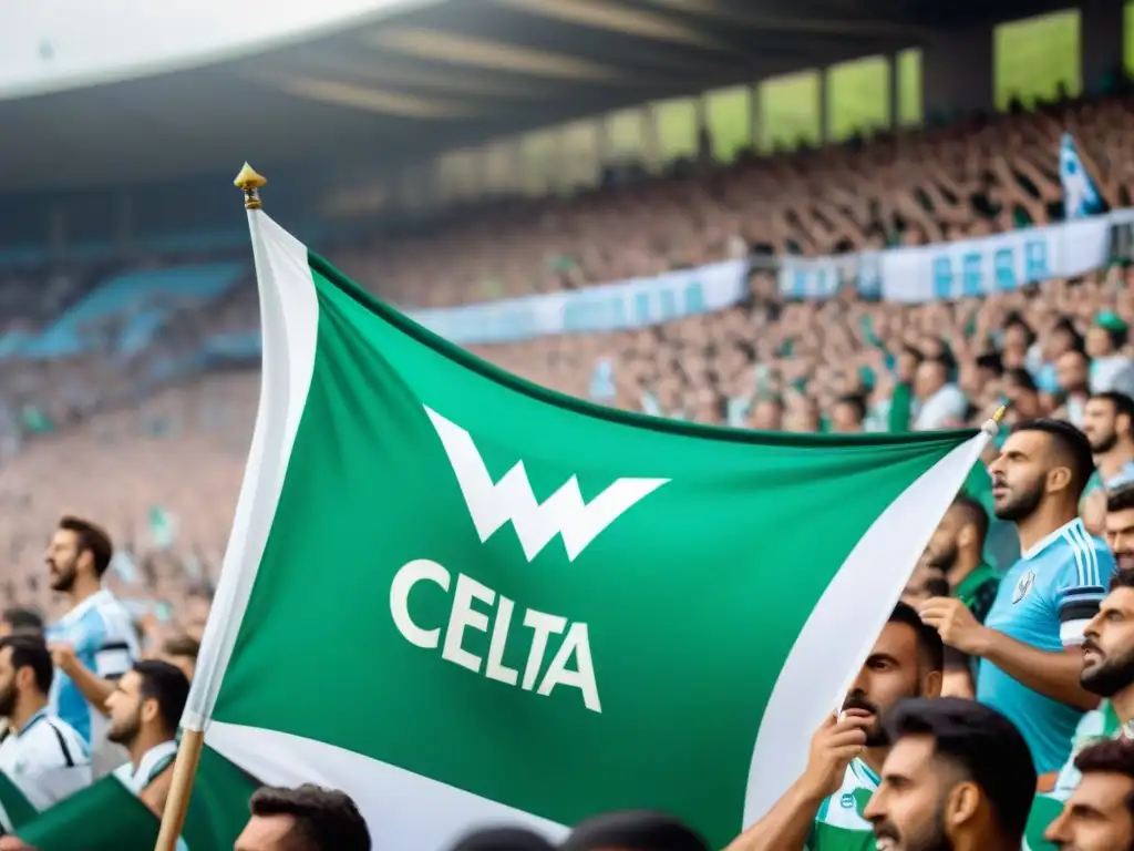 Apasionados aficionados de Barra Celta agitando banderas en estadio lleno durante emocionante partido de fútbol