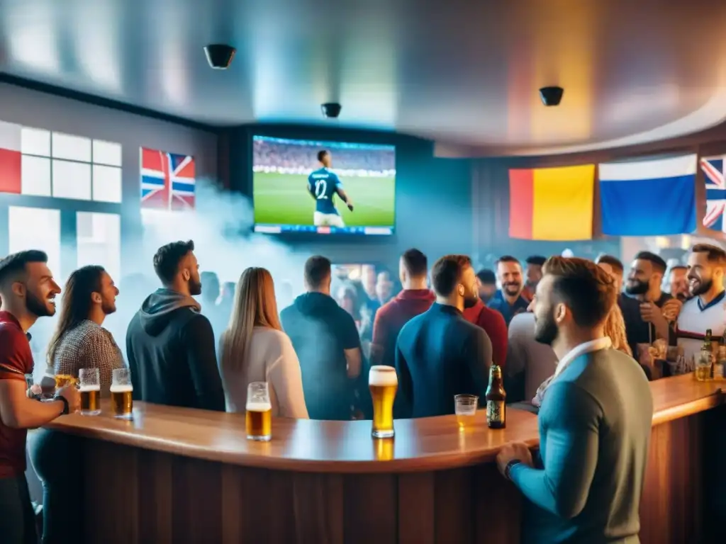 Apasionados aficionados de diferentes nacionalidades en un bar europeo viendo un partido de fútbol, rodeados de banderas y ambiente festivo