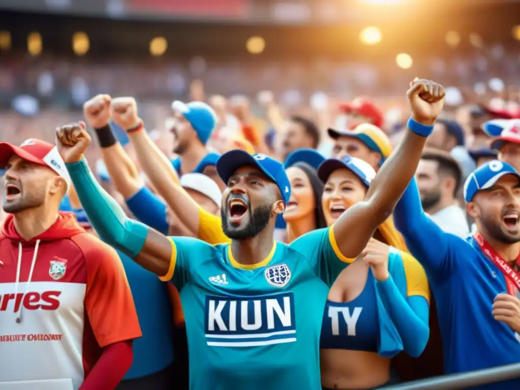 Apasionados aficionados con sombreros deportivos celebrando en estadio lleno de color