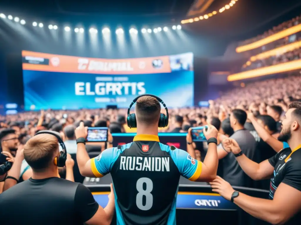 Apasionados fans de equipos de eSports celebran con entusiasmo en un estadio lleno de color