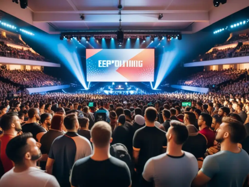 Apasionante arena de esports llena de fans y jugadores concentrados, resaltando la Importancia de los videojuegos multijugador