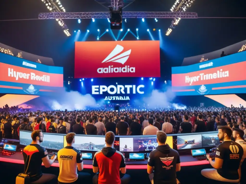 Apasionante escena de eSports en Australia, con multitud diversa y banderas, reflejando la historia de los eSports en Australia