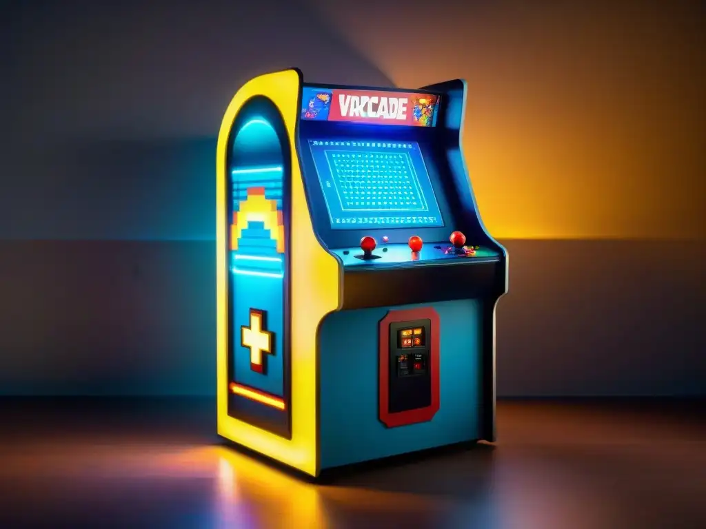 Un arcade retro iluminado en una habitación nostálgica con IA y pósters clásicos