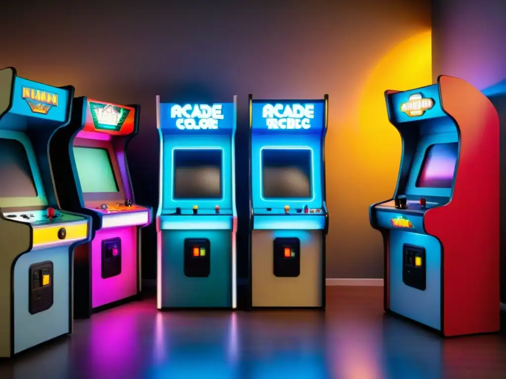 Un arcade retro iluminado por luces neón, jugadores de distintas generaciones disfrutando de videojuegos clásicos