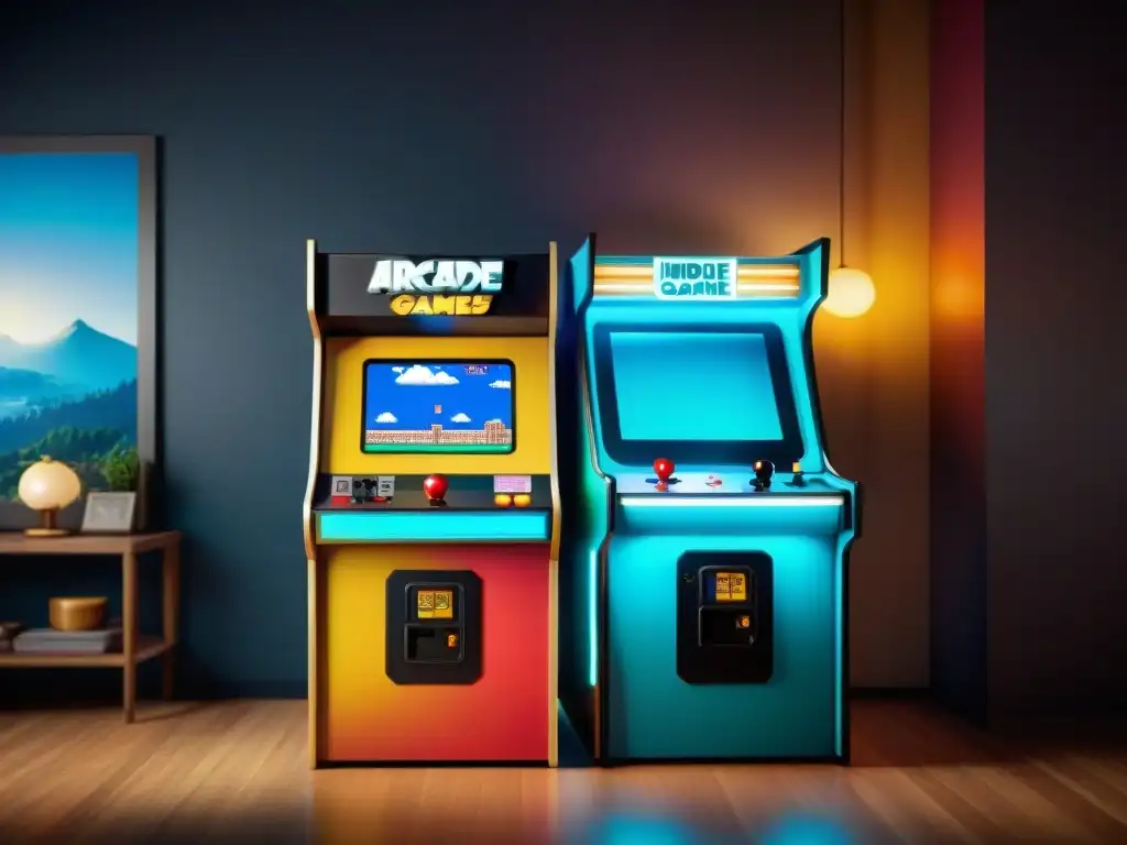 Comparación entre arcade vintage y juego indie retro en consola moderna, evolución de videojuegos retro