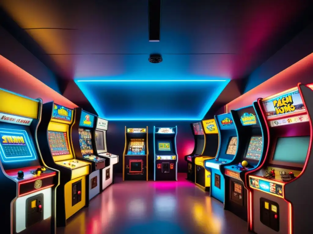 Un arcade vintage lleno de juegos clásicos de los años 80 como PacMan y Donkey Kong