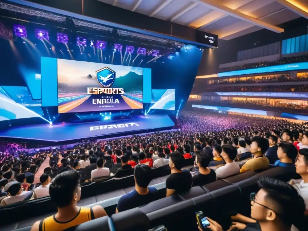 Una arena de eSports bulliciosa en Singapur, con una vibrante multitud de fans diversa animando a sus equipos favoritos