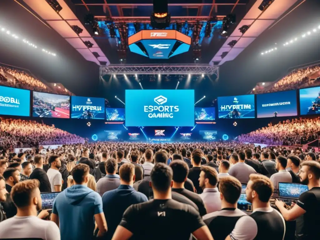 Una arena de esports llena, con jugadores concentrados, banderas de equipos coloridas y una audiencia diversa animando