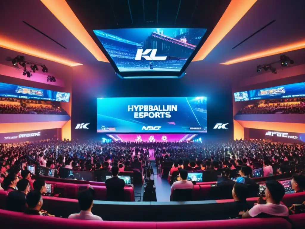 Una arena de eSports en Singapur llena de emoción, reflejando la historia y evolución de los juegos, deportes y culturas