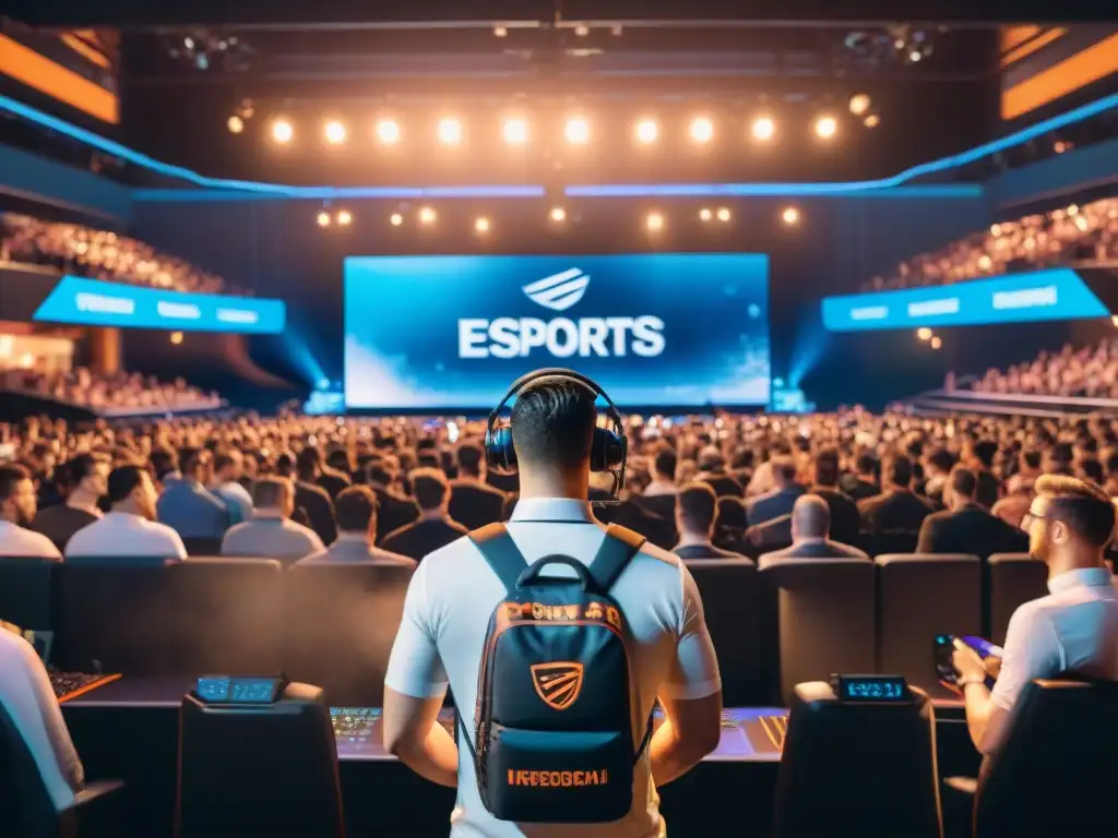 Una arena de eSports llena de energía, con jugadores profesionales compitiendo en un escenario brillante, rodeados de tecnología de vanguardia