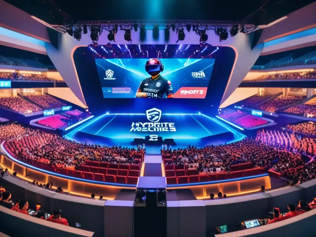 Una arena de eSports llena en Singapur, con fans variados animando a sus equipos favoritos