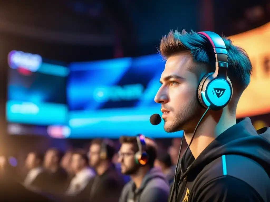 Competencia eSports: Pasión, Concentración y Emoción Una arena de eSports llena de fans apasionados y jugadores concentrados en la evolución en eSports