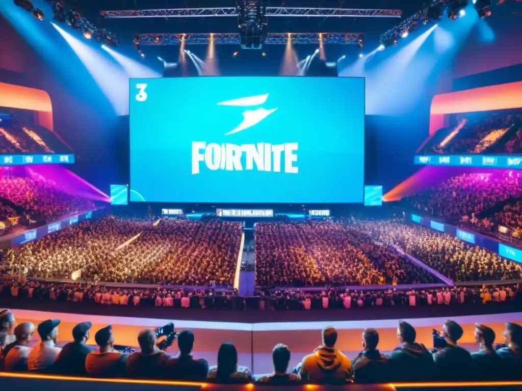 Una arena de esports llena de fans entusiastas viendo a profesionales competir en un torneo de Fortnite, iluminada por pantallas LED vibrantes