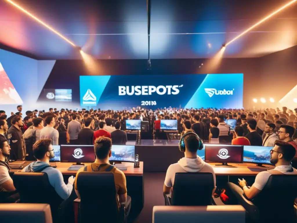 Una arena de esports llena de jugadores de todo el mundo, concentrados en sus pantallas, rodeados de banderas y una comunidad vibrante