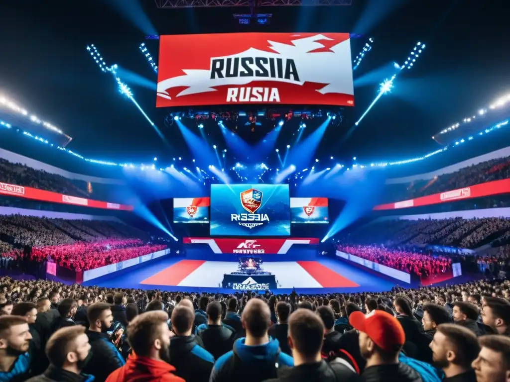 Una arena de eSports llena en Rusia, con una multitud diversa animando a sus equipos favoritos