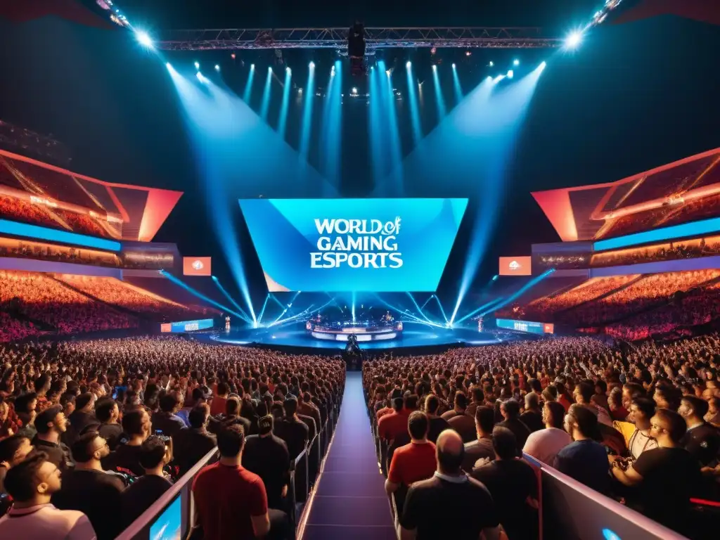 Una arena llena de fans entusiastas, luces LED y jugadores de eSports compitiendo en un escenario, reflejando la evolución de los eSports en culturas