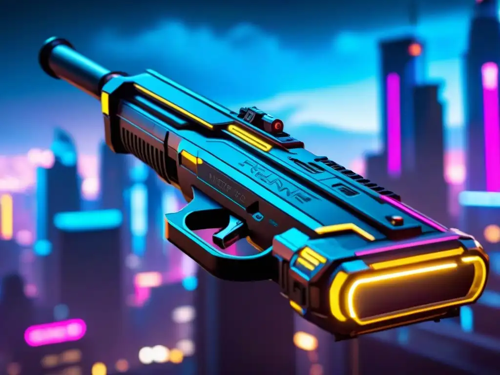 Un arma futurista de Cyberpunk 2077 con grabados detallados y luces de neón, en contraste con la ciudad