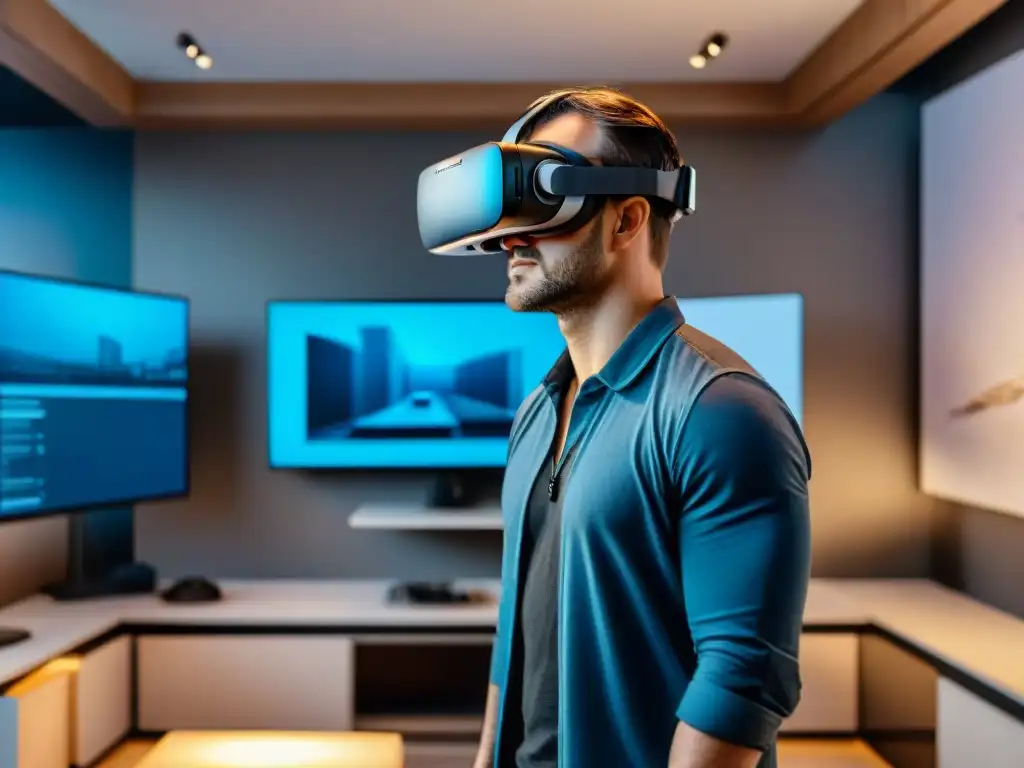 Inmersión arquitectónica: realidad virtual en diseño innovador Arquitecto usando auriculares de realidad virtual en estudio de diseño futurista