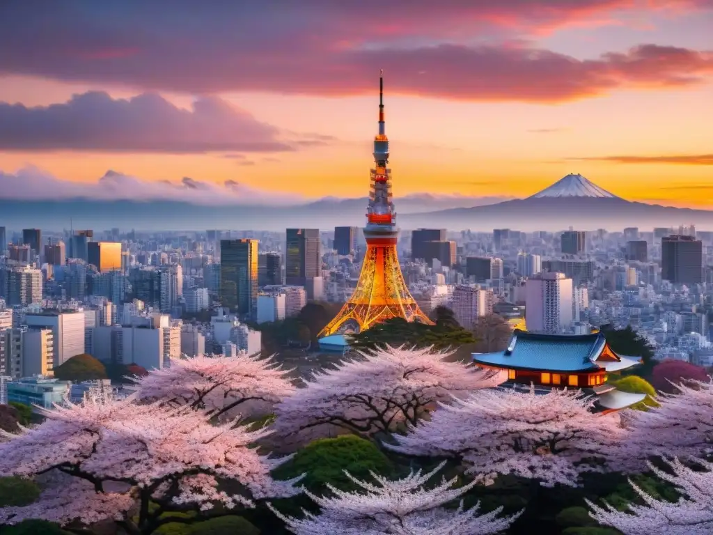 Tokio, Japón: mezcla de arquitectura tradicional y moderna con la Torre de Tokio al atardecer