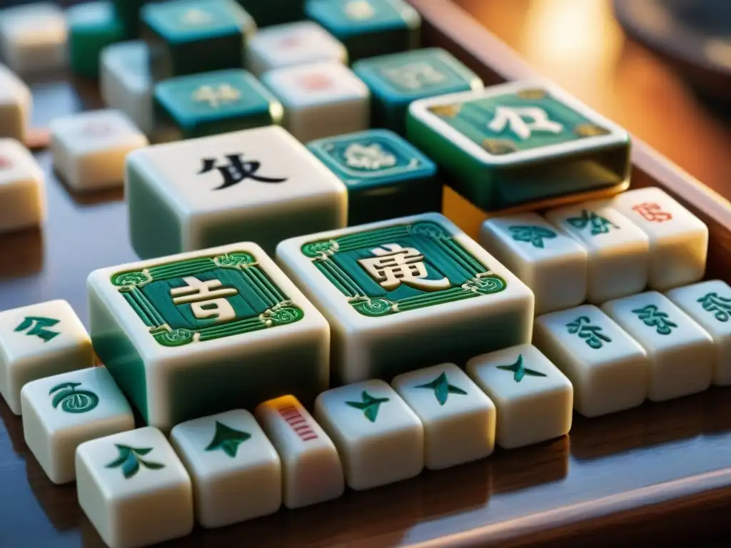 El arte antiguo de las fichas de mahjong talladas a mano en una mesa de juego de madera, destacando la evolución del diseño de juegos en Asia