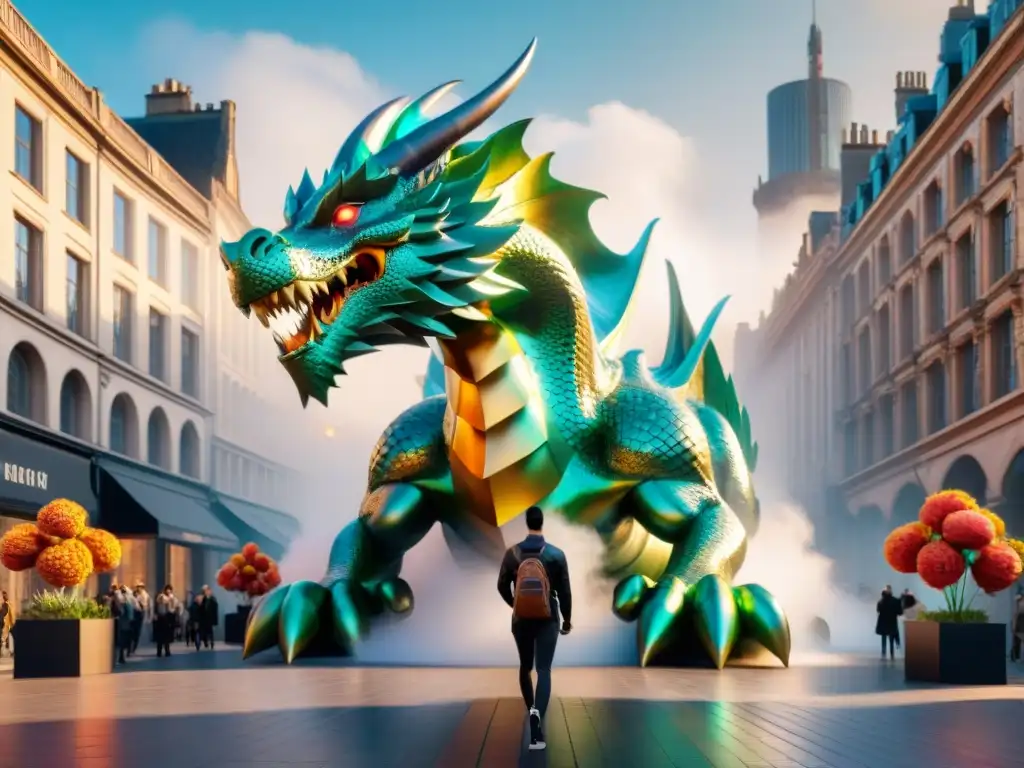 Arte y estética en juegos de realidad aumentada: un dragón holográfico se alza sobre la ciudad, creando un paisaje urbano surrealista