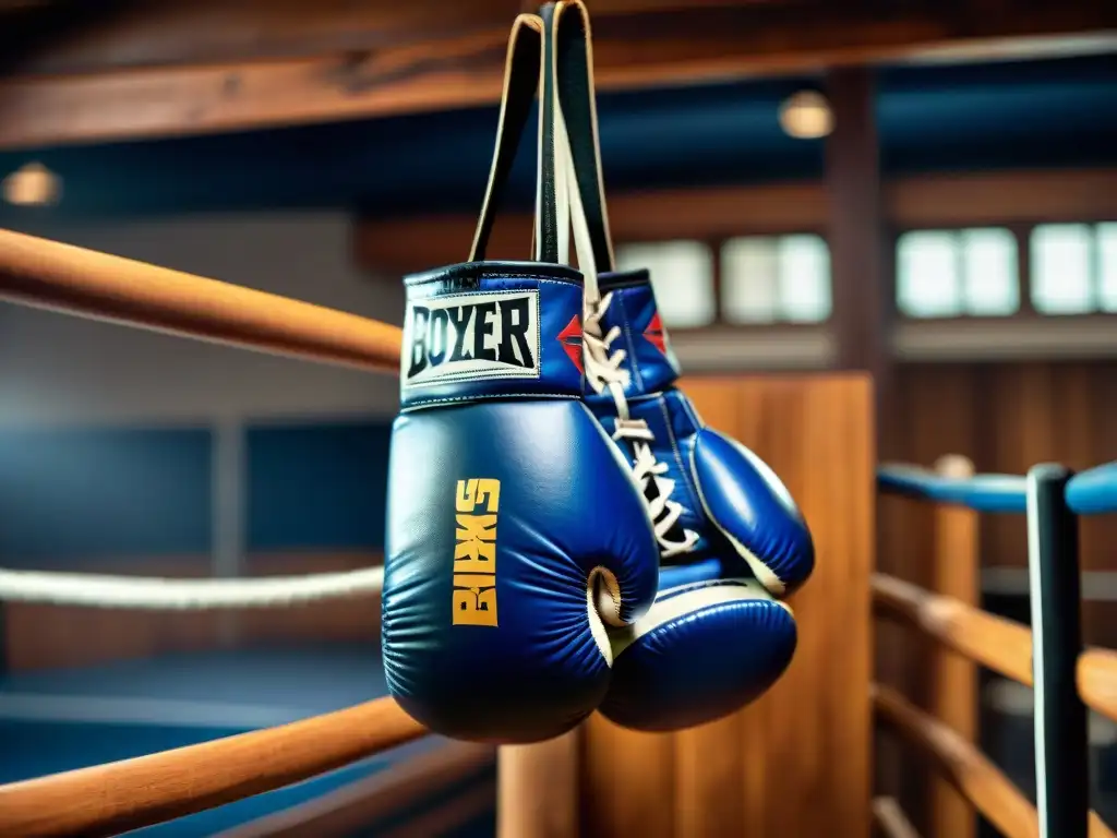 Arte de guantes de boxeo personalizados colgando en un gimnasio, con colores vibrantes y detalles únicos, atmósfera de dedicación y artesanía