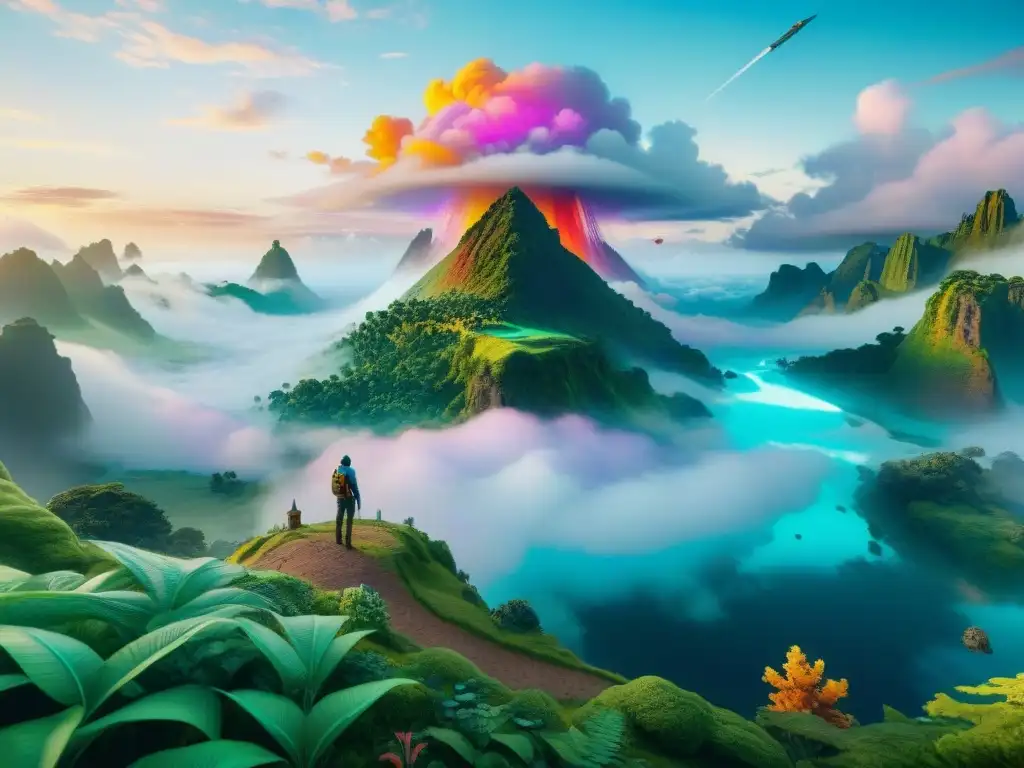 Arte psicodélico en videojuegos: paisaje surrealista con formas y patrones coloridos y geométricos, creando una experiencia visual inmersiva