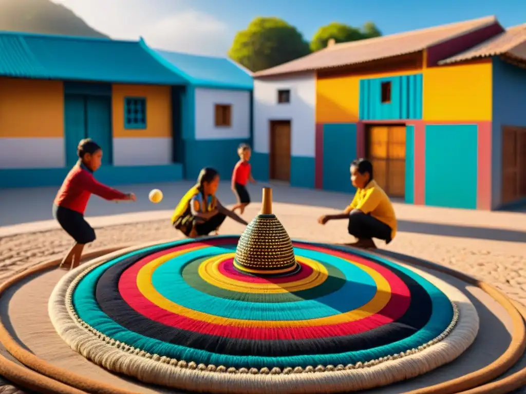 Arte textil: Juegos tradicionales en una colorida plaza de pueblo, con niños saltando la cuerda y jugando a la pelota