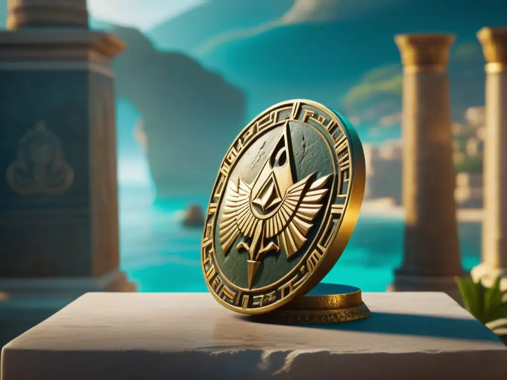 Un artefacto dorado con símbolos griegos enigmáticos, bañado en luz mística en un templo oscuro de Assassin's Creed Odyssey