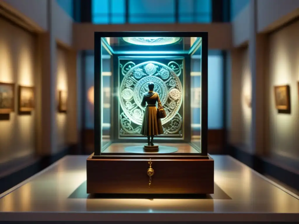Objeto místico y enigmático en museo de juegos Un artefacto místico decorado con detalle en un museo de juegos, rodeado de sombras y misterio