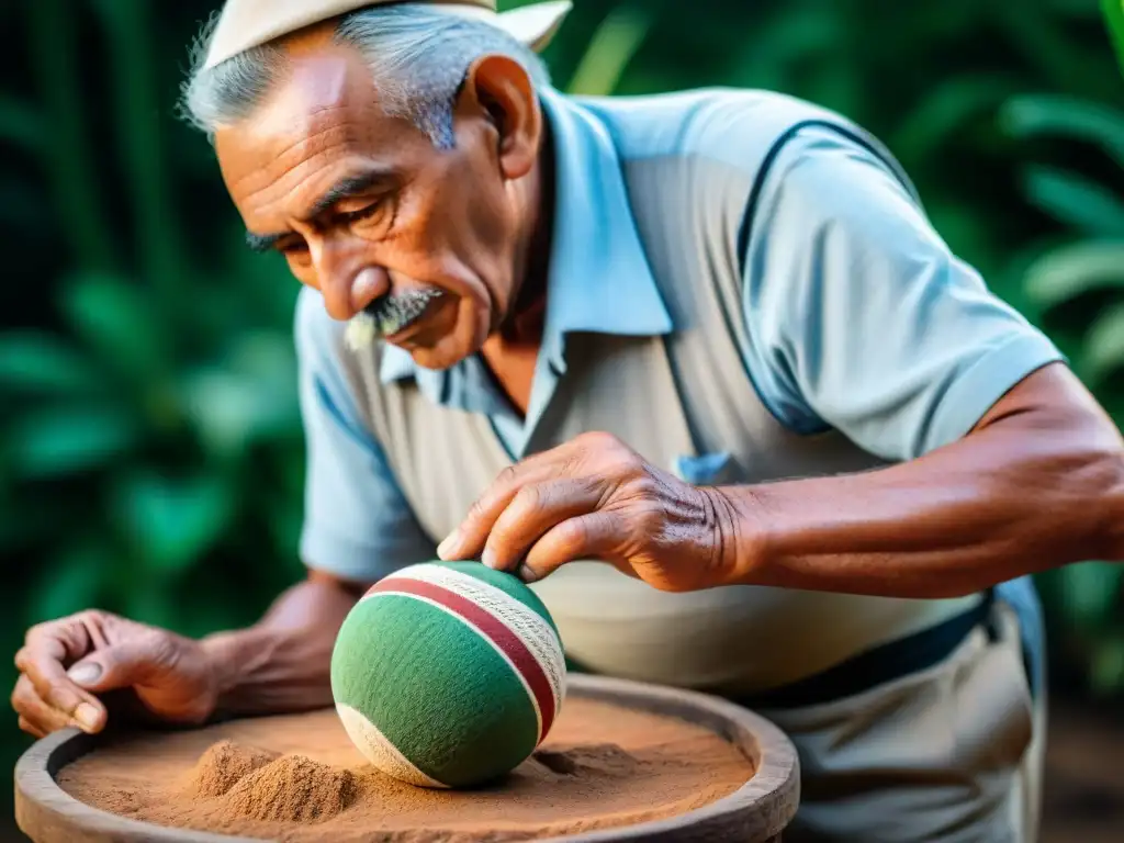 Artesano colombiano moldeando una bola de tejo, con manos expertas, rodeado de vegetación y los Andes