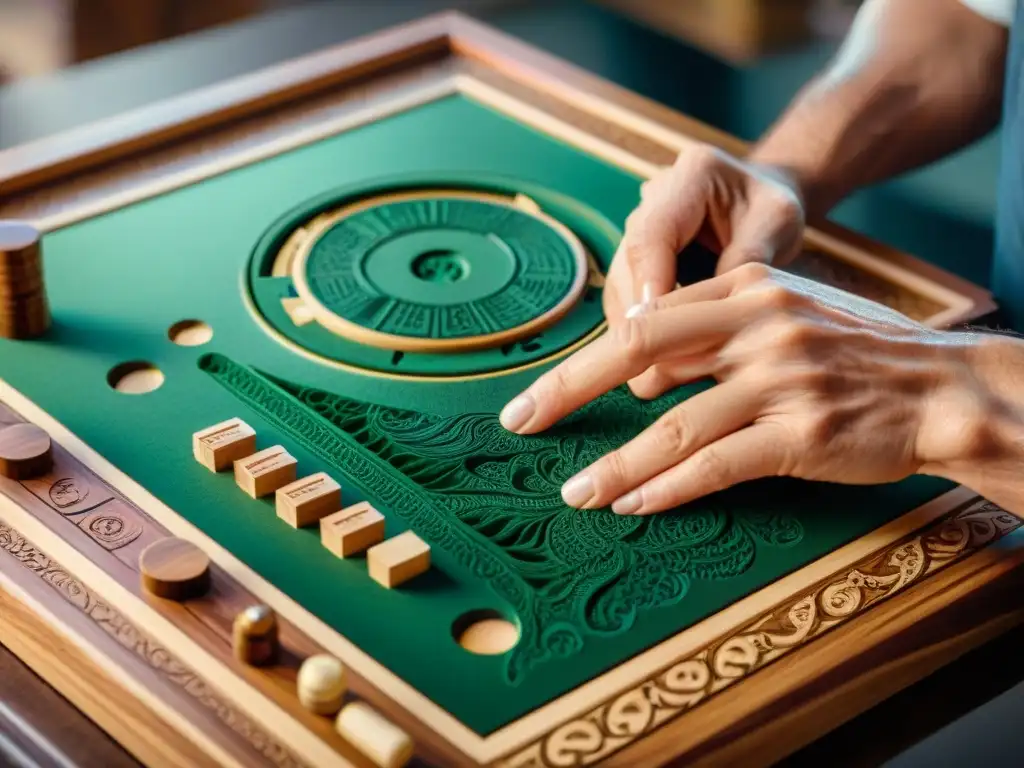 Un artesano hábil talla con delicadeza diseños en un tablero de juego de madera, destacando la artesanía tradicional y la meticulosidad en la creación de ediciones limitadas