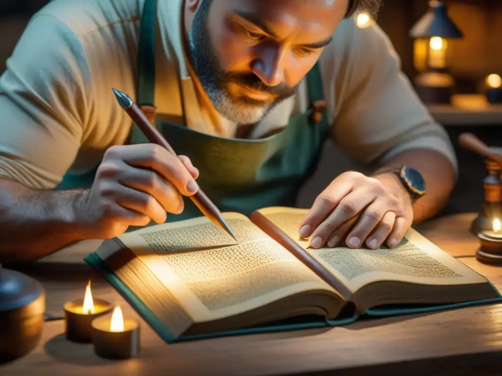 Un artesano restaura con destreza un manual antiguo bajo la cálida luz de su taller