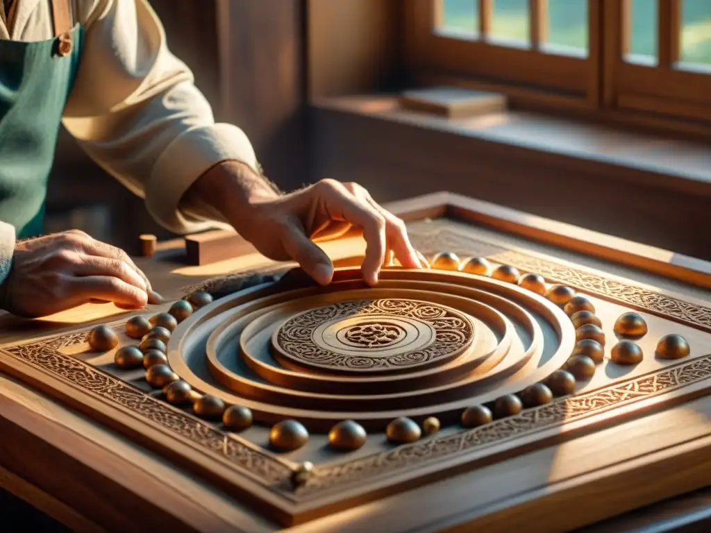 Un artesano construye con destreza una tabla de Go estratégico de madera, con detalle y precisión bajo la luz del sol